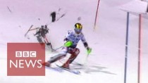 Drone narrowly misses skier Marcel Hirscher during slalom race