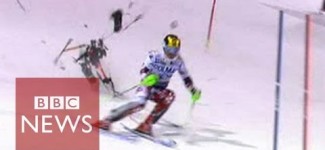 Drone narrowly misses skier Marcel Hirscher during slalom race